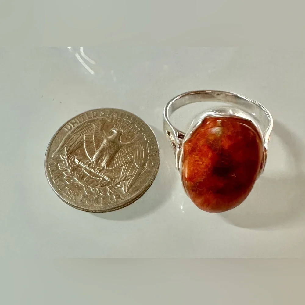 Vintage Red Coral and 925 Silver Ring with Cabochon Stone cut. - Picture 6 of 8